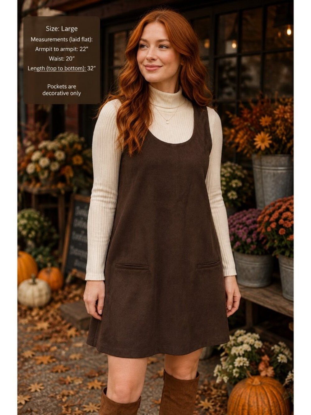 HYFVE Faux Suede Shift Dress Large Brown Sleeveless Mini Fall Jumper Pinafore...